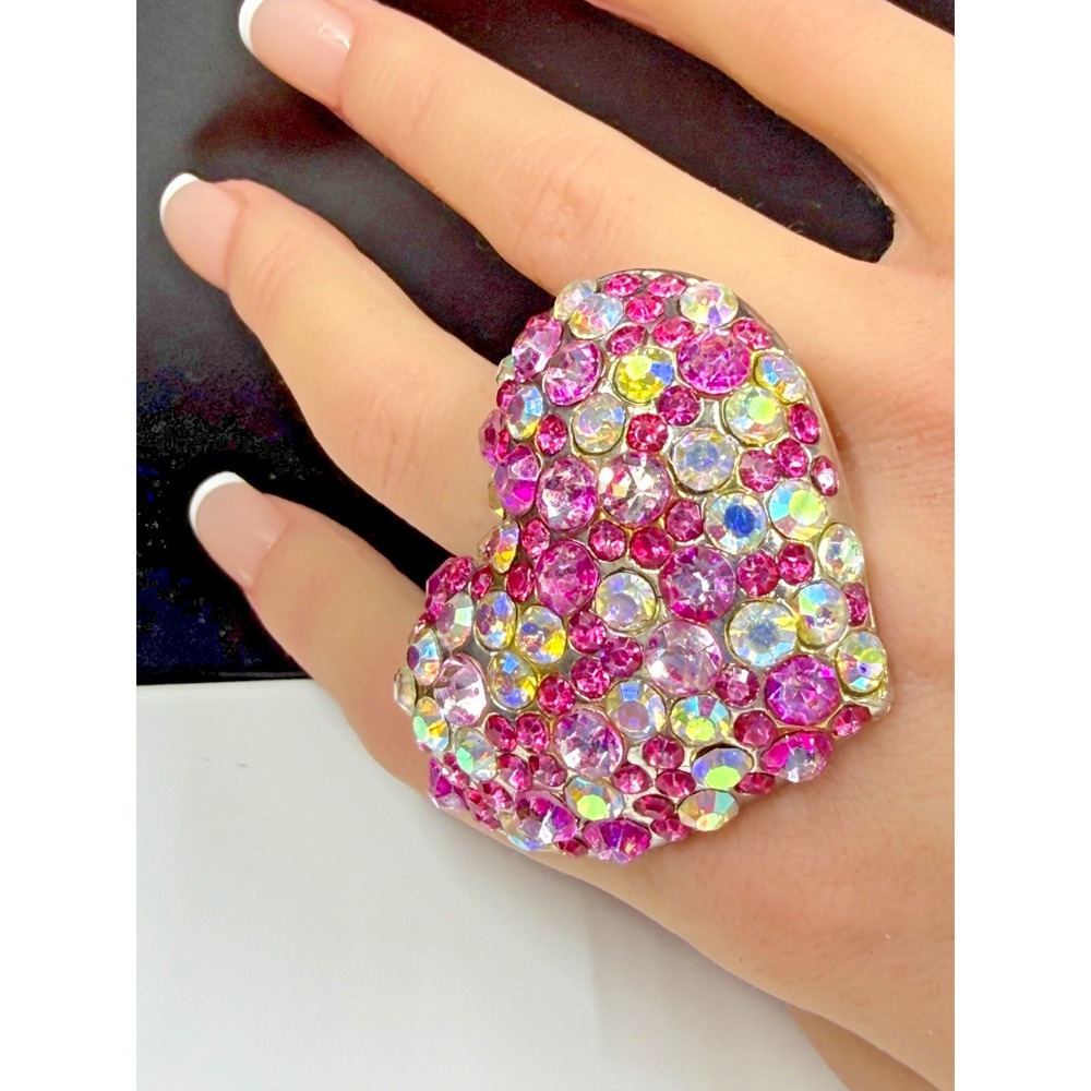 Vintage Pink Rhinestone Stretch Heart Adjustable Statement Cocktail Ring
